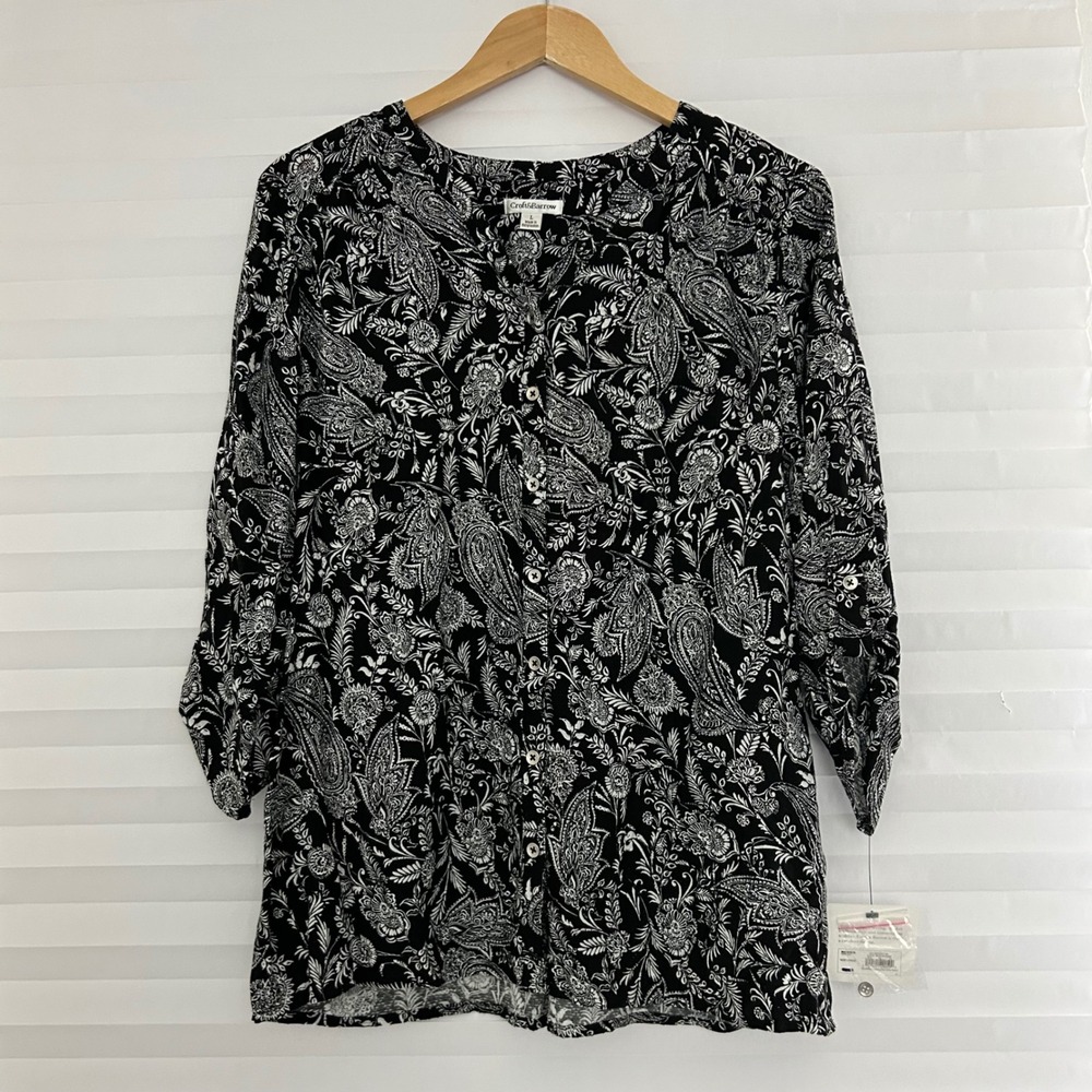 Croft & Barrow Womens Black White Paisley Roll Tab‎ Sleeve Rayon Shirt Large NWT